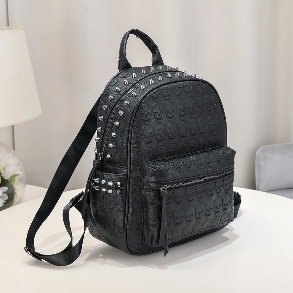 Imagem -02 - Jierotyx-mochila de Couro pu Estampada em Crânio Gótico para Mulheres Mochila de Decoração Estilo Punk Rebite de Moda Bolsa de Viagem Halloween