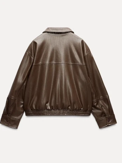Faionable Pilot Jaet Outerwear Women's Slimming Age-Defng Versatile Elegance Fake Leather Commute Sle Long Sve Zipper