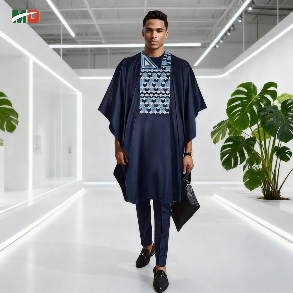 

MD African Men's 3PCS Outfit Set Plus Size Navy Blue Embroidered Kaftan Daily Couple Thobe For Casual Wear Festivals Gatherings