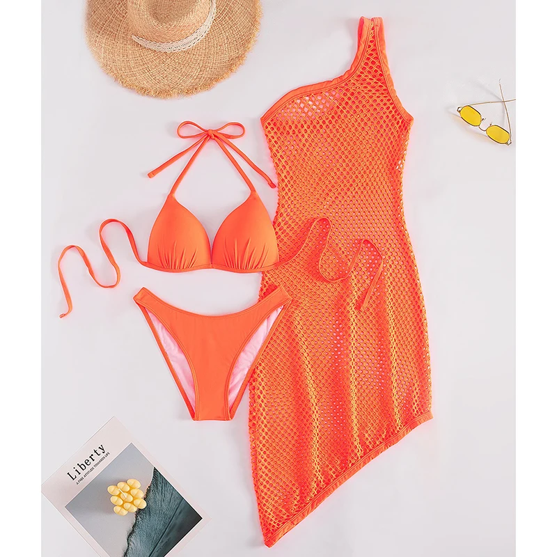 Bikini Set Swimwear Women Sexy Triangle Lace Up Thong Micro Bikini One Shoulder Dress Cover Up 2025 New Beach 3 Piece Swimsuit