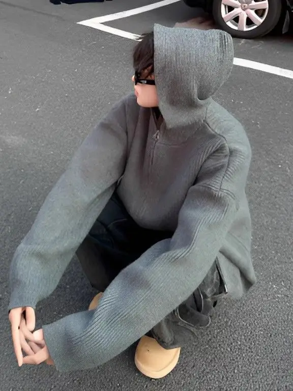 

Men's Zipper Hooded Open Cardigan Sweater Casual Lazy Sle Vintage High Sensation Warmth Autumn Winter Outerwear Knitted irt