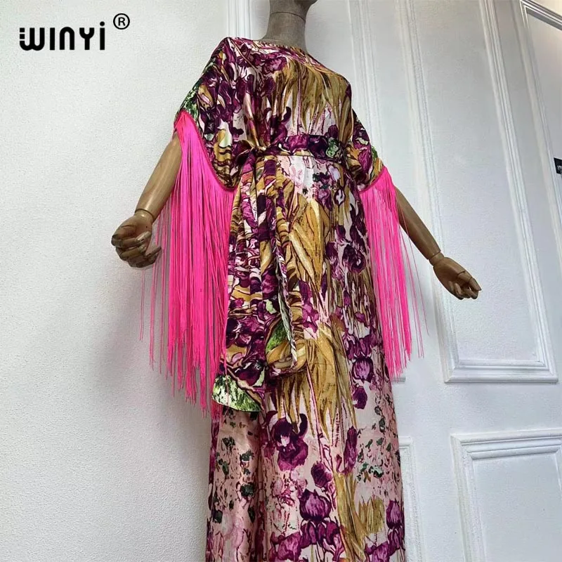 WINYI boho nadruk afrykańskie świąteczne frędzle długa sukienka dubajska muzułmańska Dashiki Kaftan z paskiem na Bliskim Wschodzie sukienka imprezowa فساتين طويلة