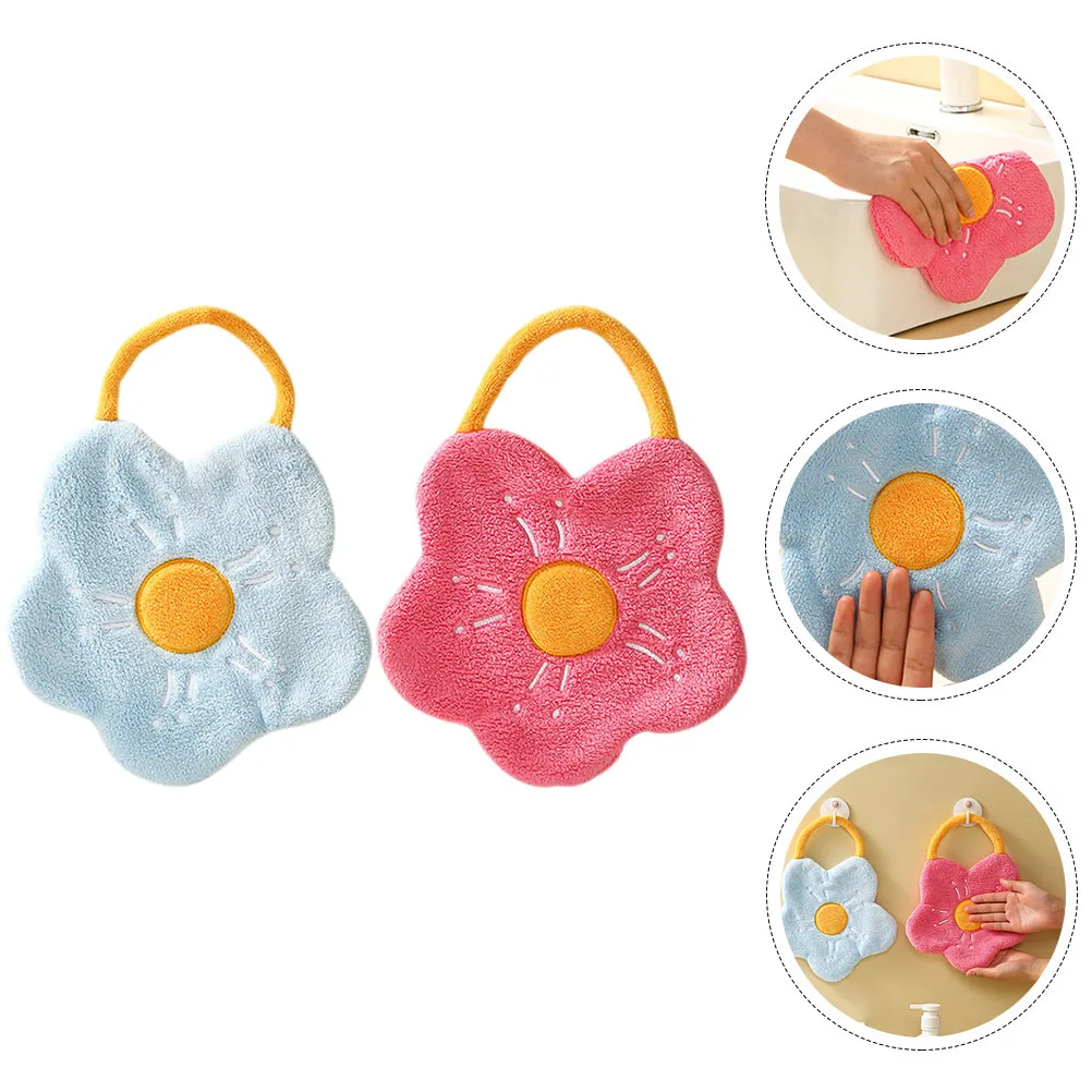 

2Pcs Quick Dry Coral Fleece Hand Towels Absorbent Flower Shape Bathroom Kitchen Hanging Reusable Washable Bathroom Hand Towels