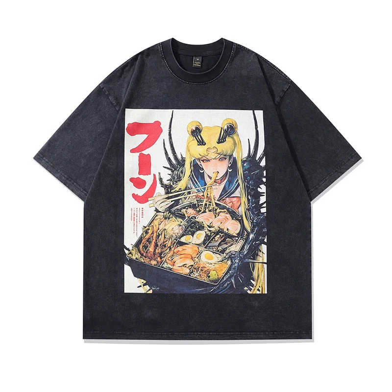 Sailor Moon Harajuku Street Tide Brand Sweet Cool Cartoon stampato lavato vecchio T-shirt a maniche corte di alta qualità per uomo e donna