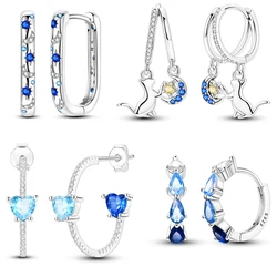 Gorgeous 925 Sterling Silver Blue Cat Picking Stars & Starry Night U-Shaped Hoop Earrings For Girl Cute Earrings Jewelry Gift