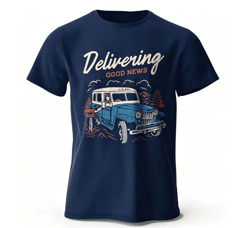 2026 Unisex Vintage Jeep Delivering Good News Graphic T Shirt Retro Mountain Tree Car Print Heavy Cotton Streetwear Tee