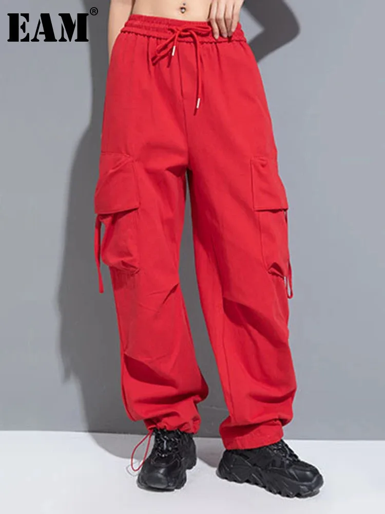 

[EAM] High Elastic Waist Red Pocket Long Cargo Pants New Loose Fit Trousers Women Fashion Tide Spring Autumn 2024 1DH0997