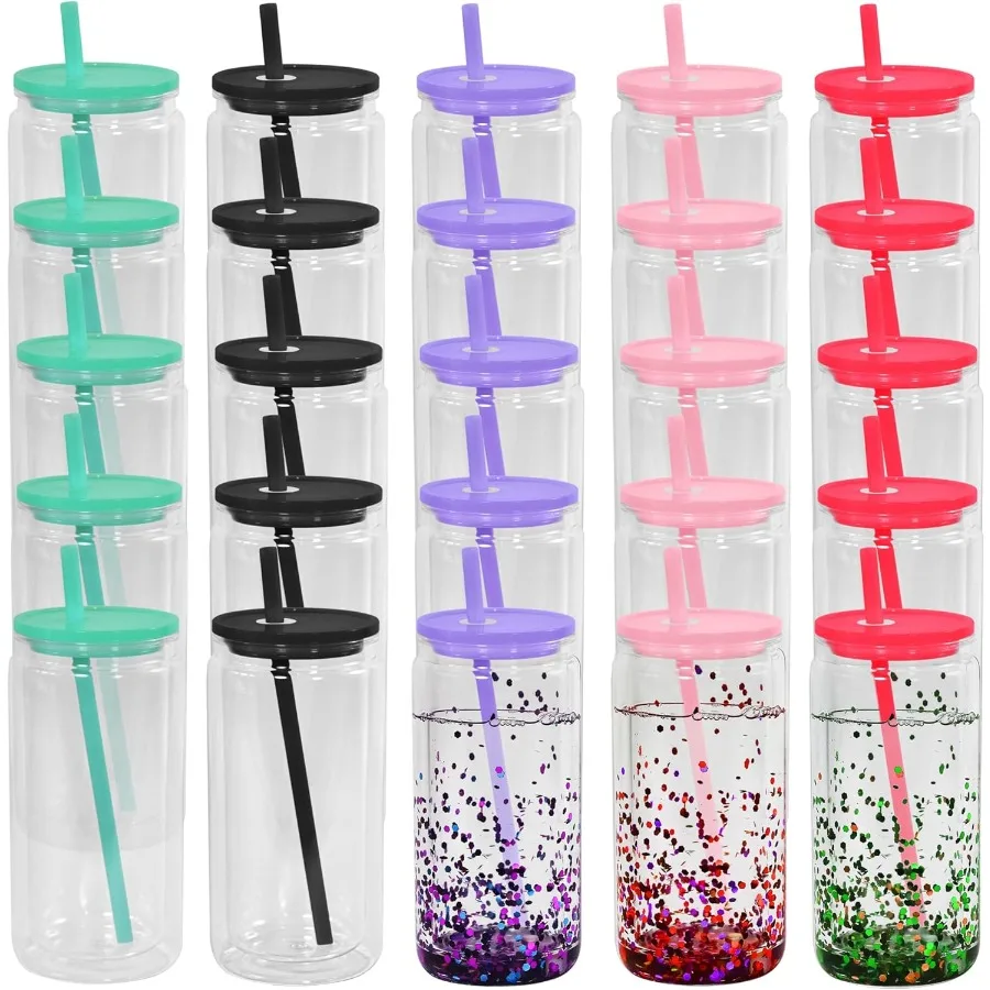 

Snow Globe Tumbler 25Pack 16oz Plastic Double Wall Tumbler with Lids and Straws Reusable Clear Beer Can Mason Jar Mug for Snow