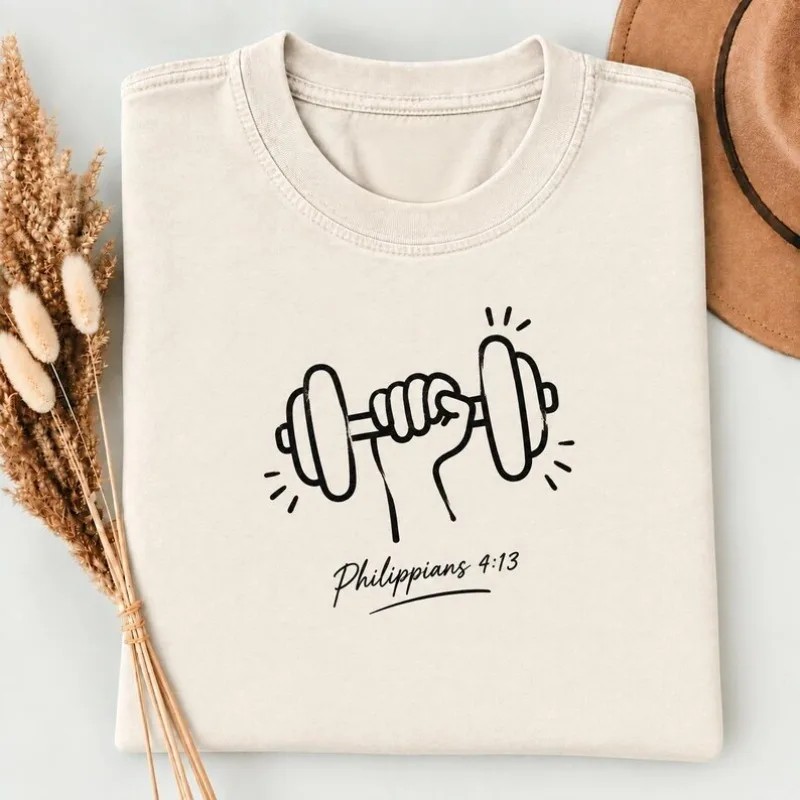 Philippians 4:13 Dumbbell Hand Line Art Graphic T Shirt Unisex Christian Faith Gym Workout Short Sleeve Tee