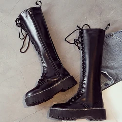 Winter Platform Pumps Women Lace Up Patent Leather Knee High Motorcycle Boots Female Thigh High Round Toe Creepers Casual Shoes