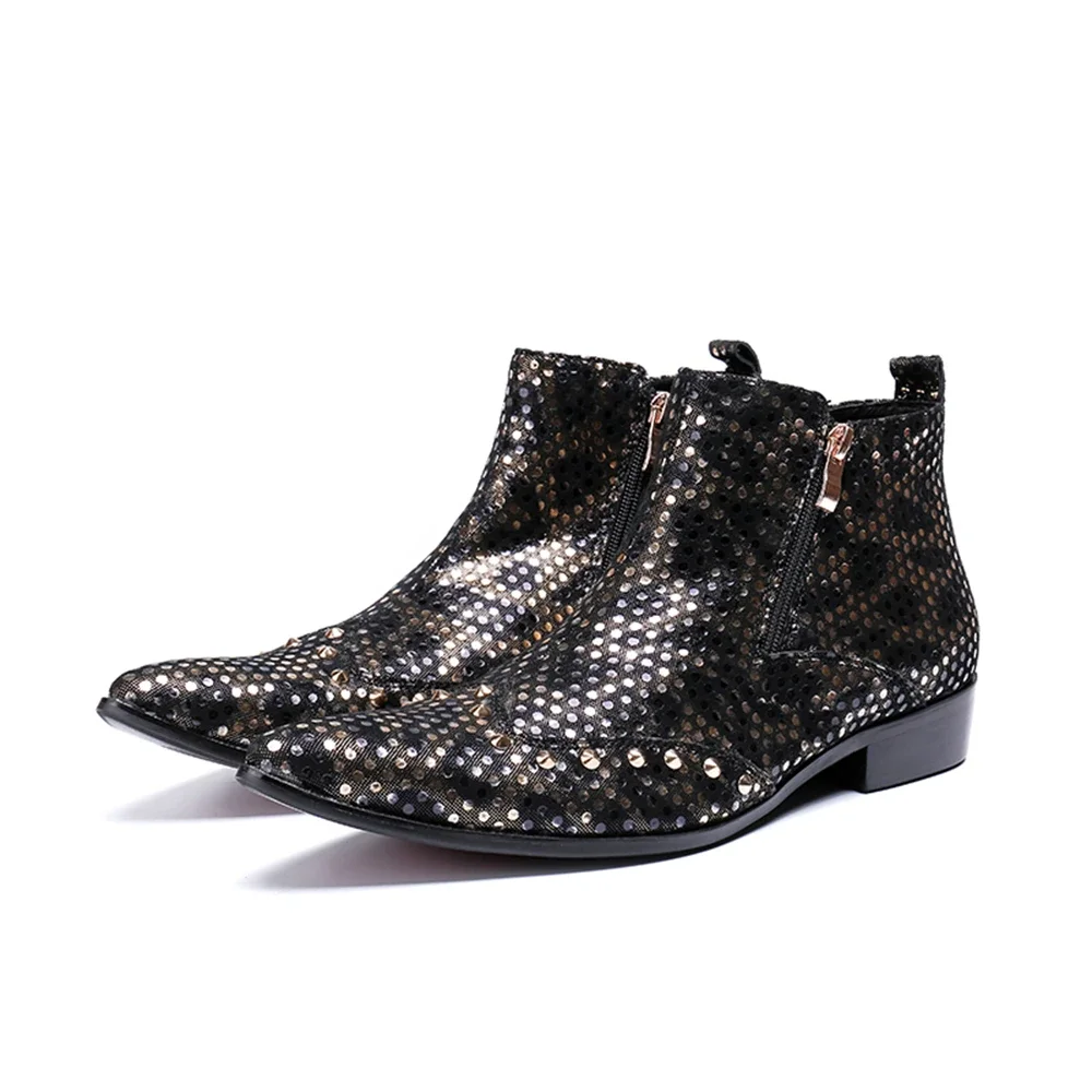 Shining Sequins Zipper Genuine Leather Low Heels Pointed Toe Boots Male Plus Size Fashion Party Business British Style Shoes