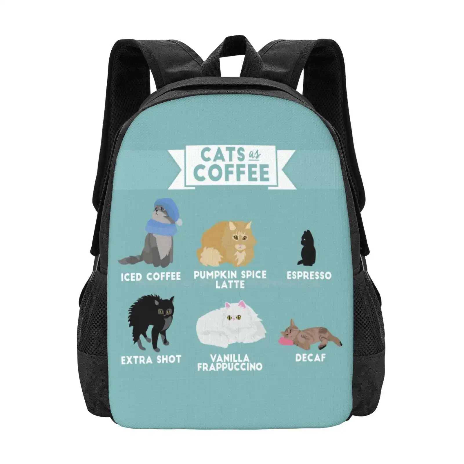 Cats As Coffee Pattern Design Bag Student'S Backpack Cats Kitty Kittens Vanilla Frappuccino Extra Shot Pumpkin Spice Latte Iced