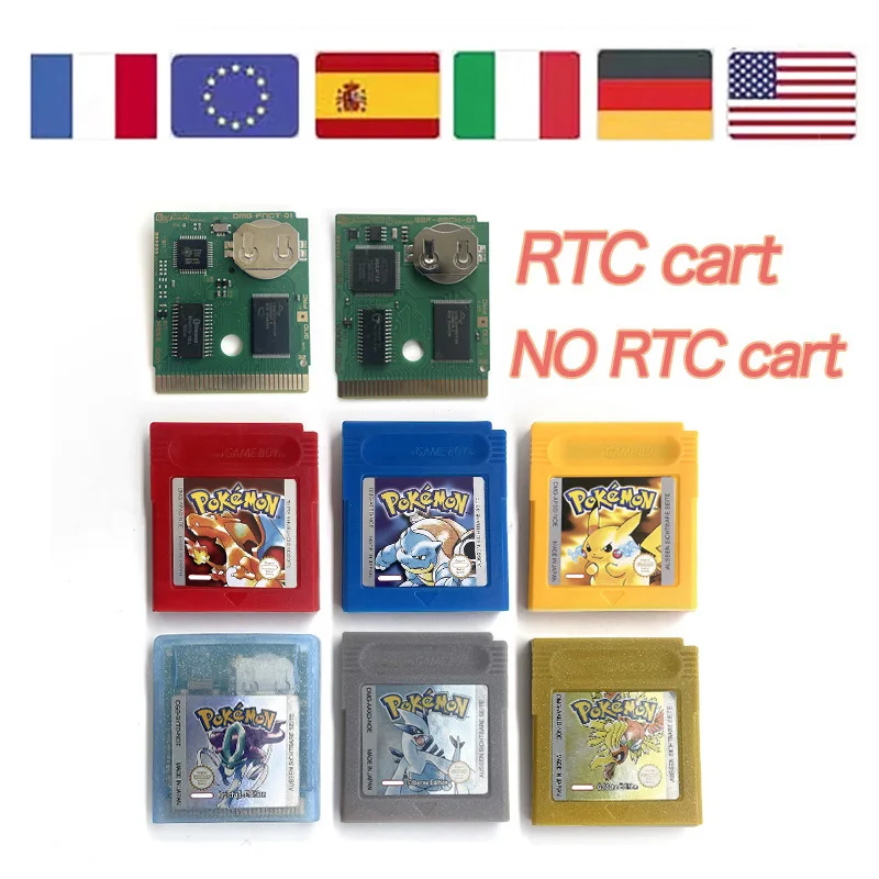 

ITA ESP EUR FRA NOE RTC Часы реального времени вспышка Тележка Покемон кристалл красный синий золотой серебристый желтый 16-битный игровой картридж для GBC