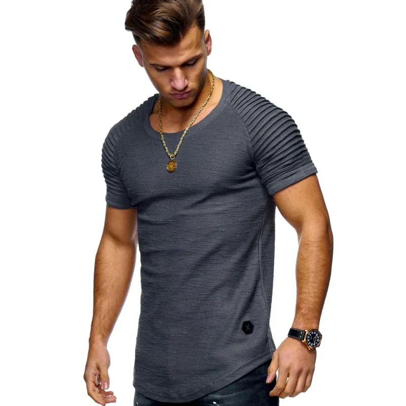 

2024 Casual Men's T-shirt Pleated Slim Fit Round Neck Short Sleeved Solid Color Casual Top Summer Basic T-shirt