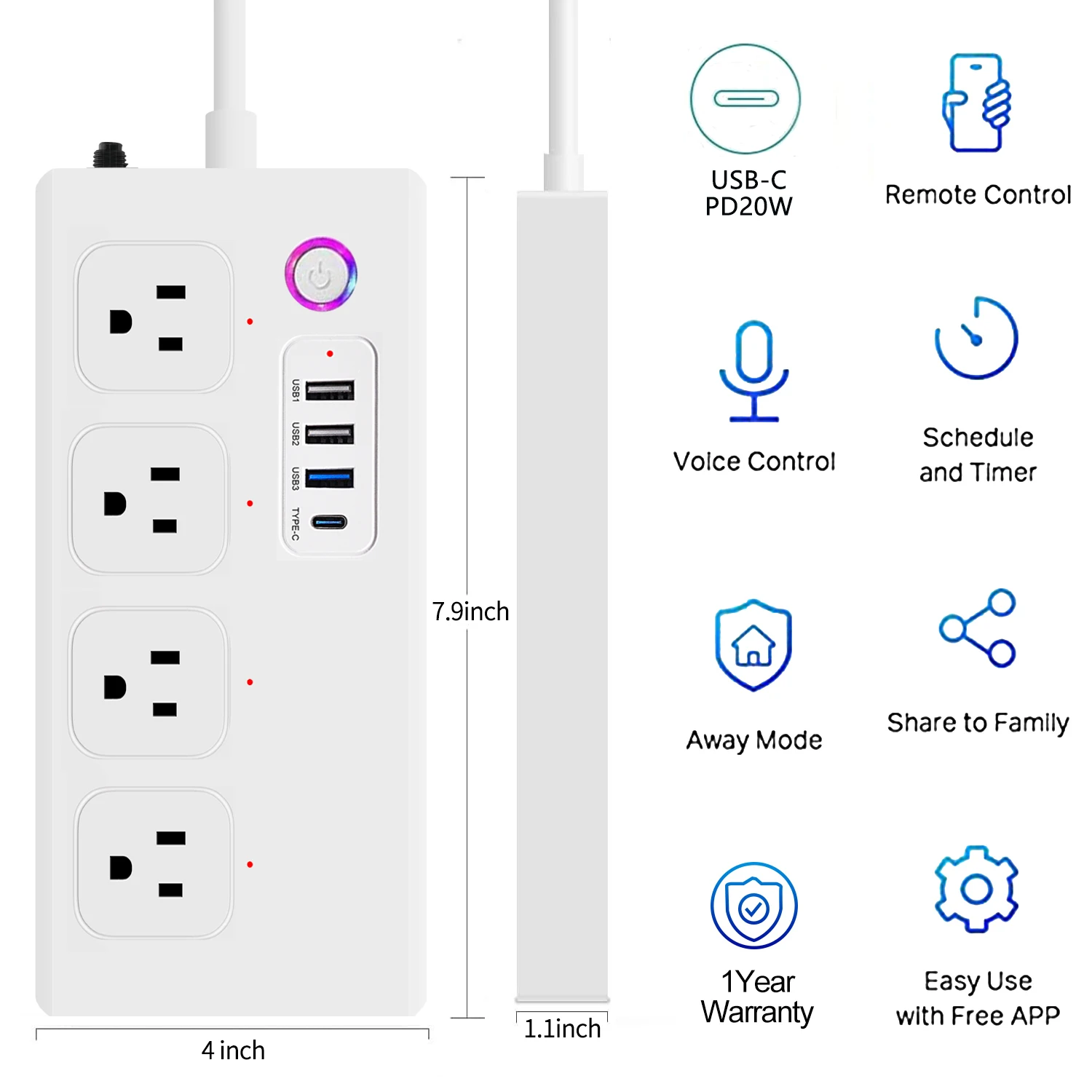 UseeLink Wifi Smart Power Strip PD 20W Surge Protector  4 AC Outlets Compatible Type C with Alexa Google Assistant Voice Control