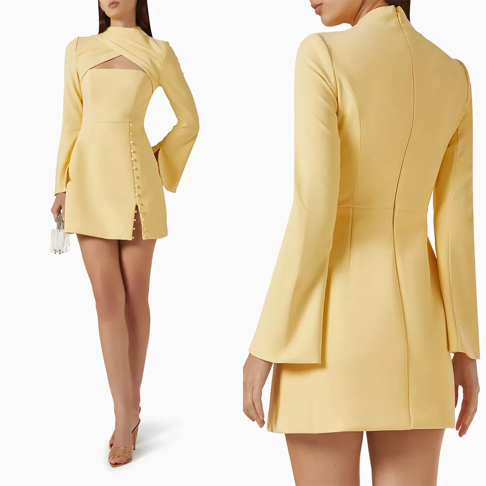 

High Quality Customized Yellow Buttons Full Sleeves Zipper Evening Dresses on Clearance Sale فستان سهرة نسائي Вечернее Платье