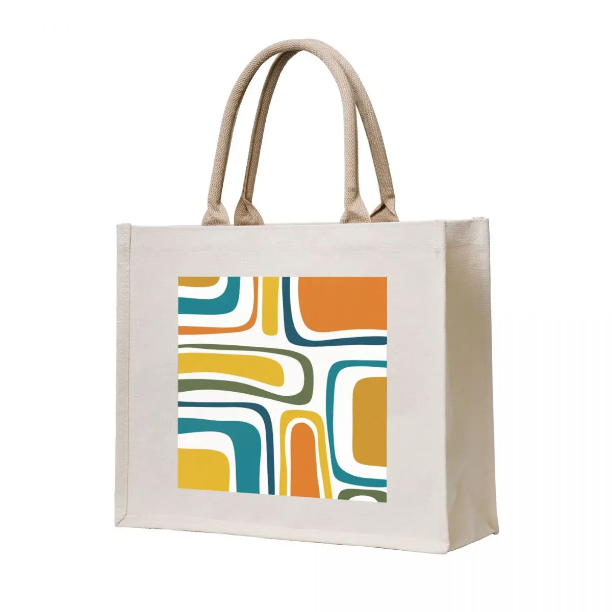 

Palm Springs Retro Midcentury Modern Abstract Pattern in Moroccan Teal, Mustard, Orange, Olive and White Tote Bag