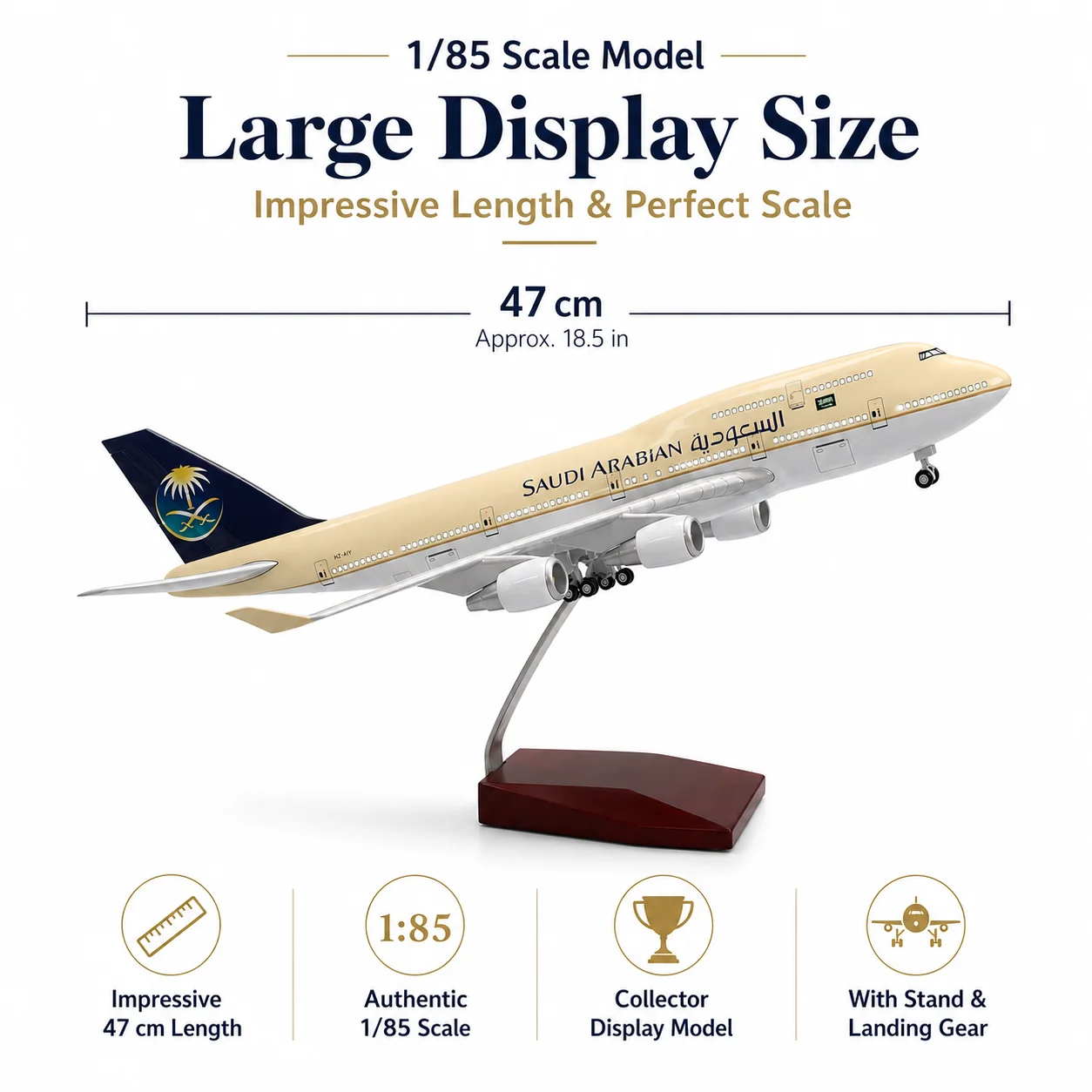 47cm Saudi Arabia B747 Aircraft Model With Bracket Landing Gear 1/85 Scale Die-Cast Resin Aviation Collectible Gift