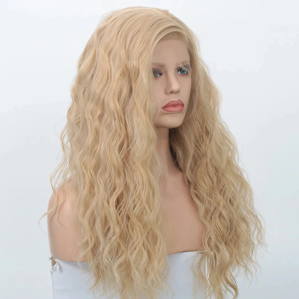 AIMEYA Long Wavy Blonde Synthetic Lace Front Wig for Women Fashion Style Lace Wigs Free Part Heat Resistant Fiber Wig Cosplay