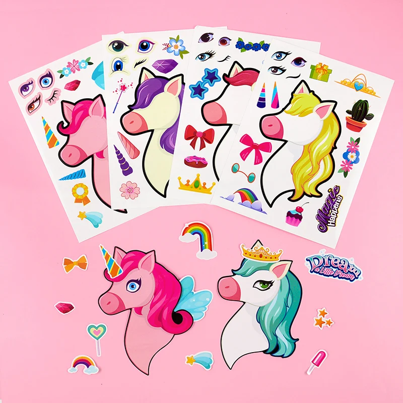 12Sheets Children DIY Puzzle Sticker Cute Unicorn Cartoon Face Funny Assemble Stickers Kids Toys Boys Girls Gifts