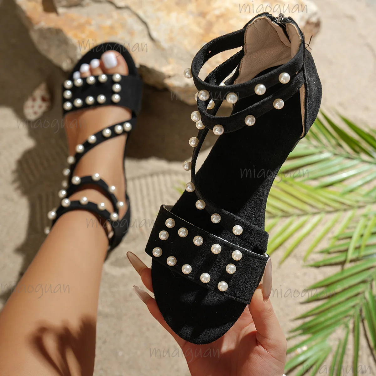 Roma Pearl Woman Flats Sandals Fashion Unique Summer Slingbacks Zippers Round Toe Ladies Footwears Casual Vacation Femme Shoes