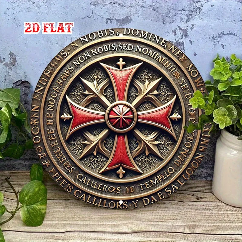[2D Flat] 1pc Knights Templar Round Aluminum Sign - Rustic Metal Wall Art with Red Cross Frame, Latin Inscription, Ideal for Hom