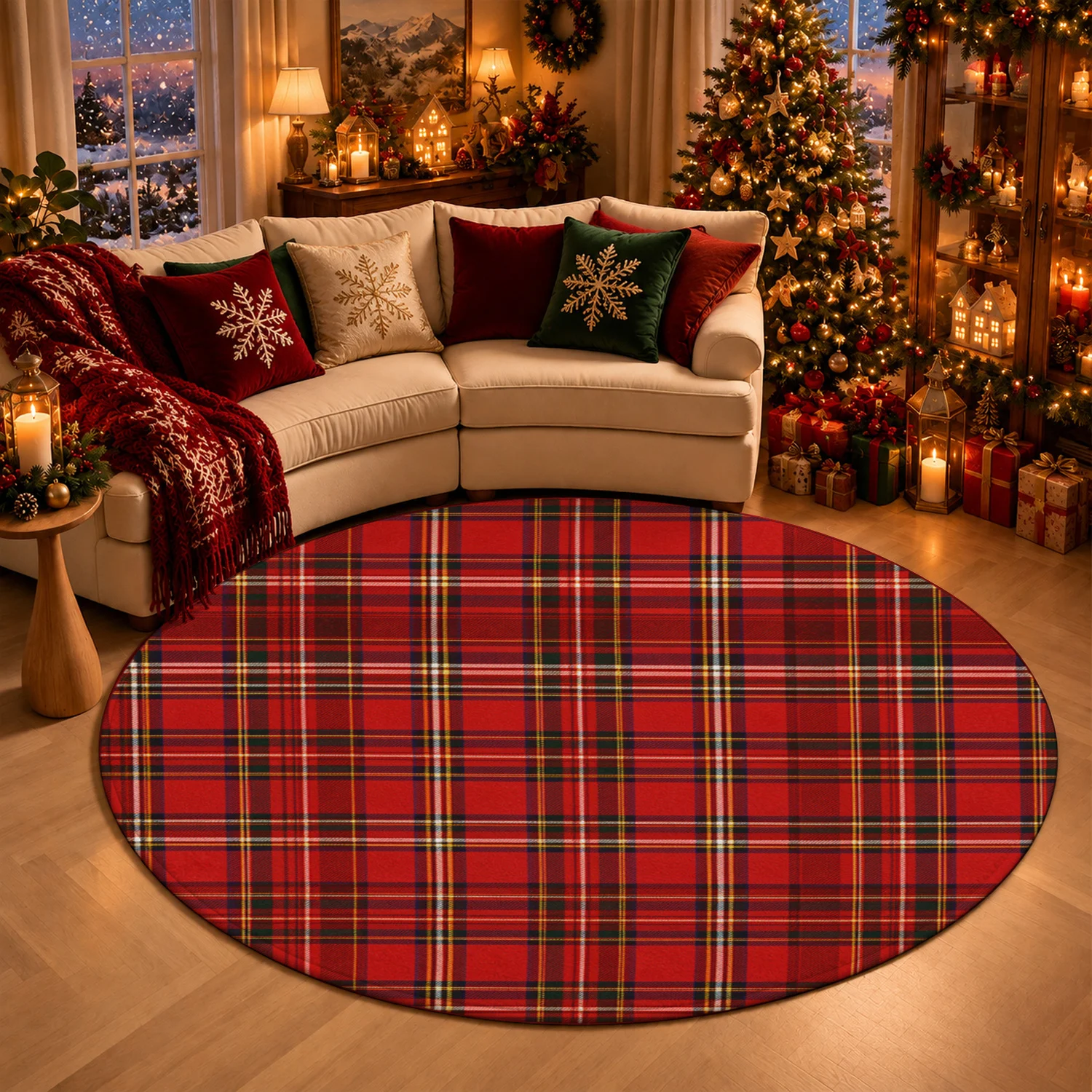 Red Tartan Plaid Round Velvet Rug Machine Washable for Living Room Bedroom Dining Room Halloween Thanksgiving Christmas New Year Black Friday Cyber Monday
