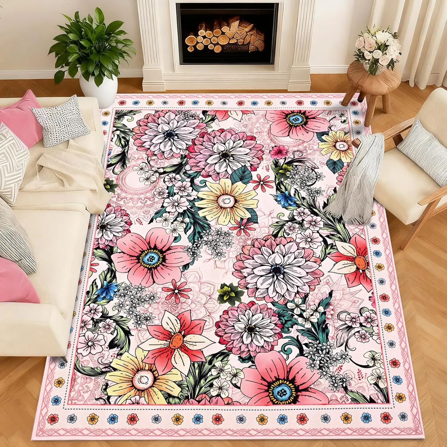 

Bohemian Floral Print Area Rug, Colorful Pink Botanical Non-Slip Floor Mat for Living Room Bedroom Home Decor Carpet