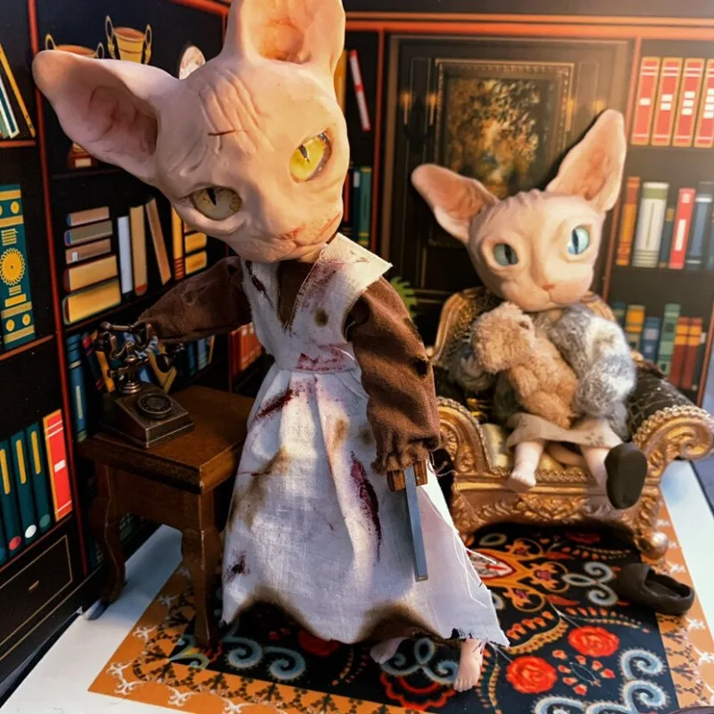 Handmade Polymer Clay Sphynx Cat Doll Head, Art Doll Sculpt Compatible with OB11 Body, DIY Doll Accessory for Hobbyists