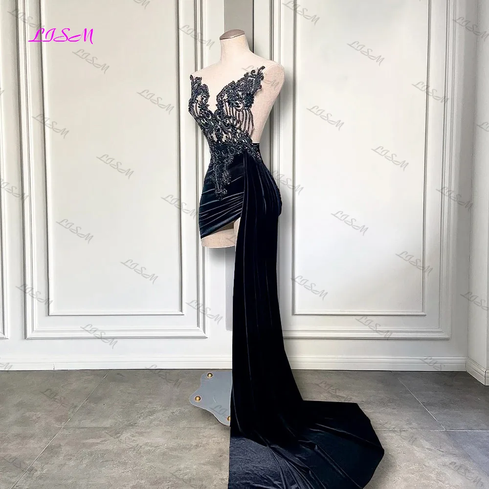 Black Velvet Short Prom Dress with Side Train Sweetheart Appliques Beaded Birthday Party Gowns Mermaid Mini Homecoming Dresses