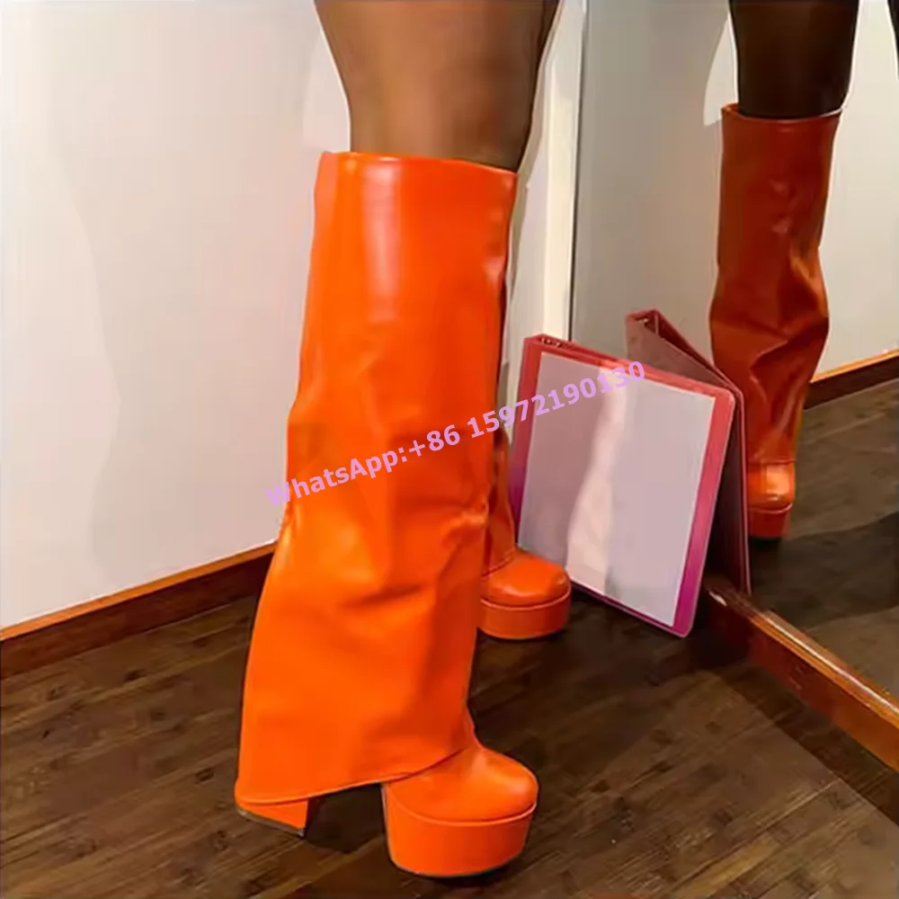 Solid Platform Rain Boots Square Toe Chunky Heels Turn Over Edges Pleated Candy Color Winter Boots Women's Concise Sexy Shoes