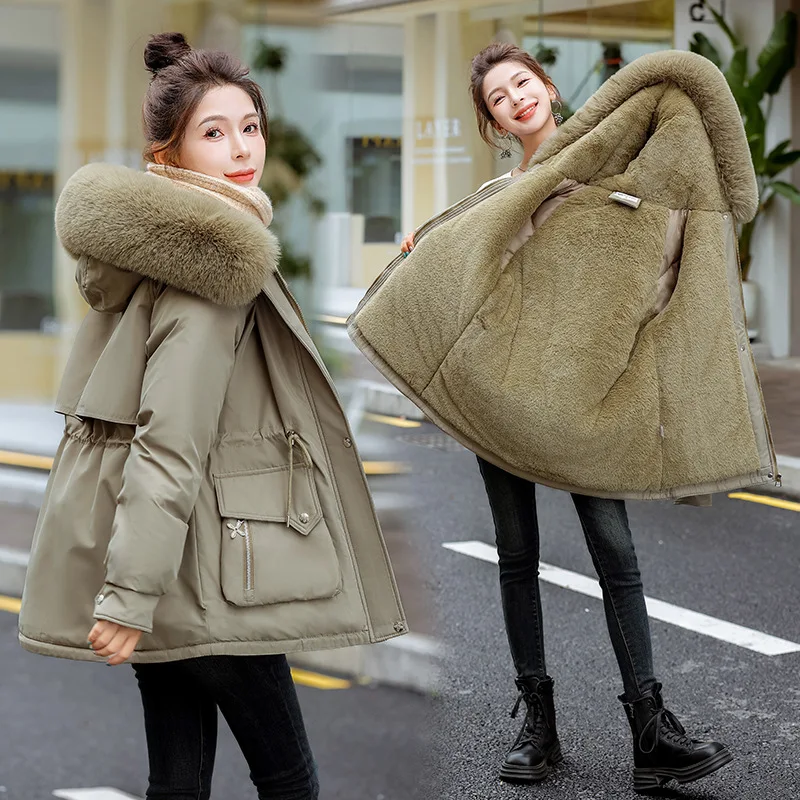 

2024 New Winter Women Jackets Coat Clothes Vintage Wool Liner College Style Medium Length Fur Hooded Parkas Outwear