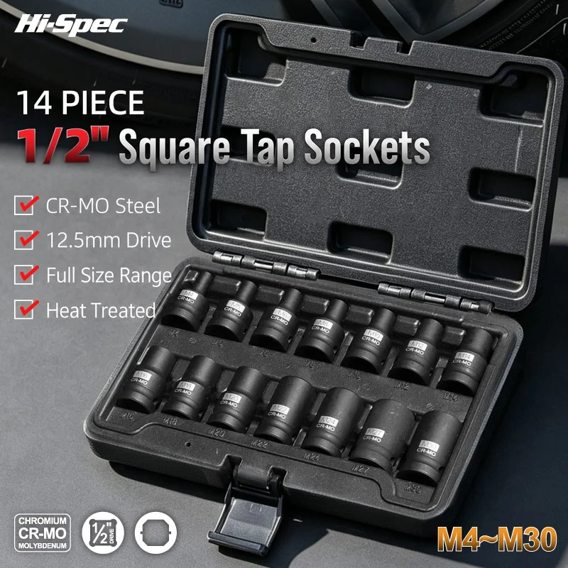 Hi-Spec 14-Piece Tap Socket Set, 1/2-Inch Drive, M4–M30, CR-MO Steel Square Tap Sockets with Carrying Case