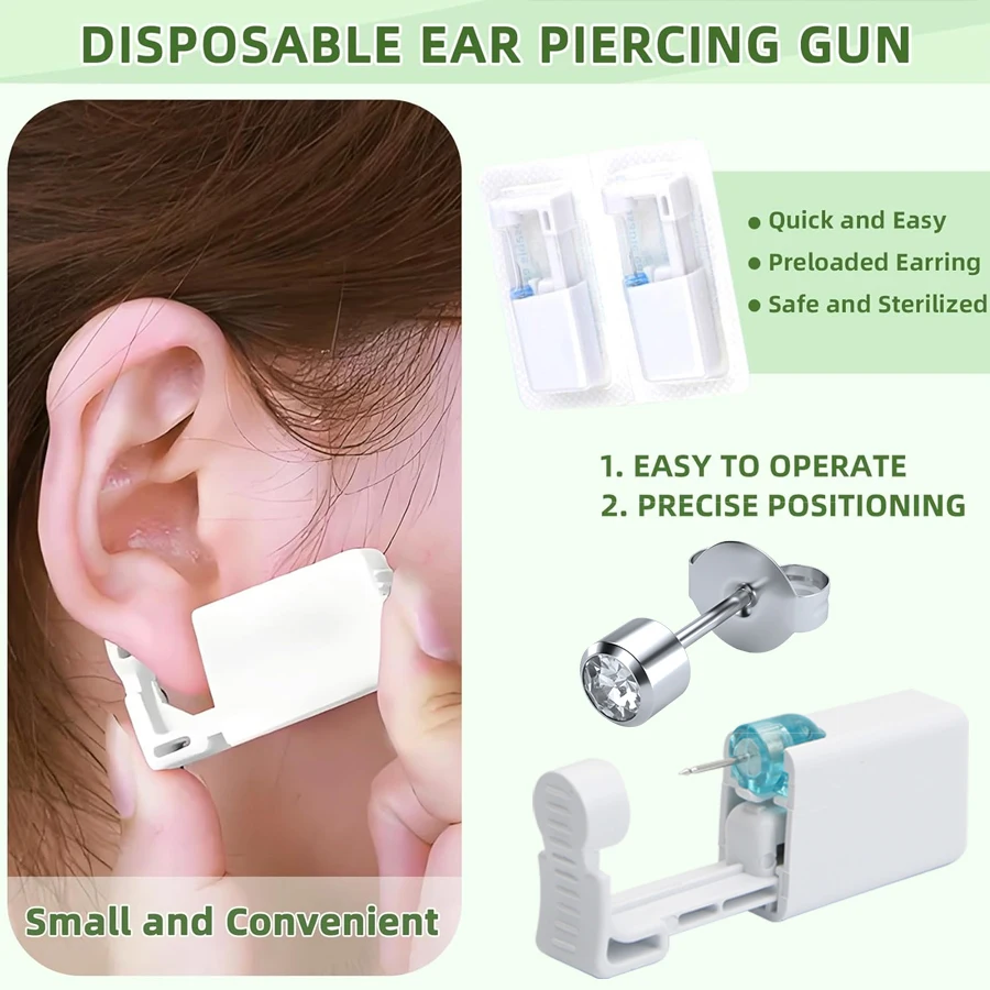 2PCS Disposable Ear Piercing Gun with Built-in Earrings Stud and 2pcs Cubic Zirconia Earrings for Home Use Ear Piercing Kit