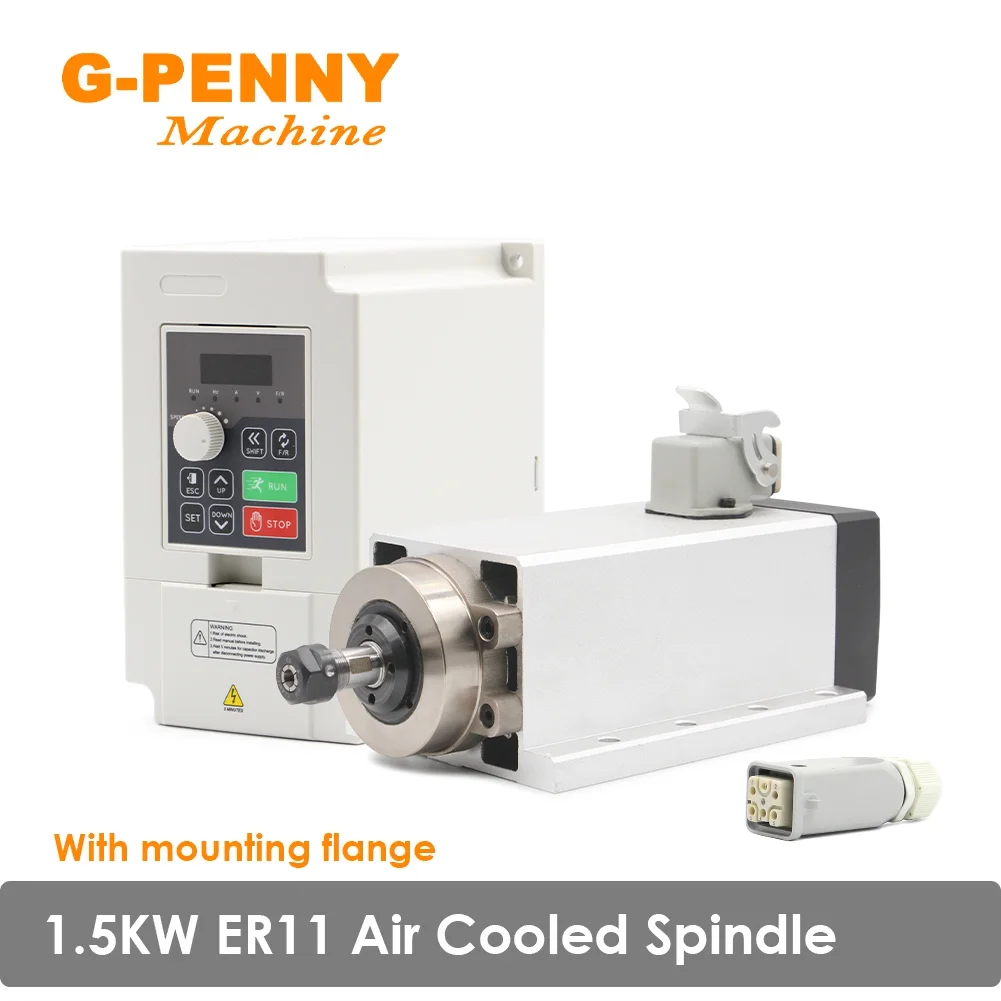 G-PENNY 1.5KW ER11 Air Cooled Spindle Motor Square type spindle With mounting flange  & 1.5KW H100 motor speed controller
