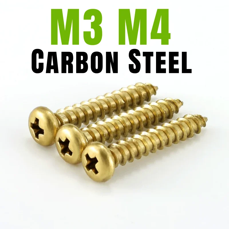 Gold Plated Carbon Steel M3 M4 Round Head Phillips Cross Self-Tapping Screw Self-Tapping Wood Screws Length:6mm~30mm