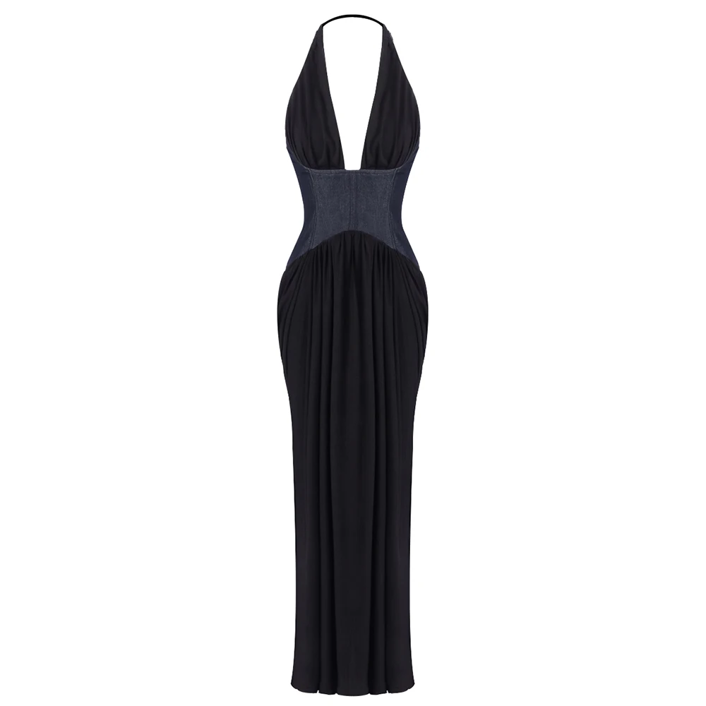 Elegante halternek zwart-wit patchwork lange jurk diepe v-hals mouwloos hoge taille cocktail evenementen feestjurk vestidos