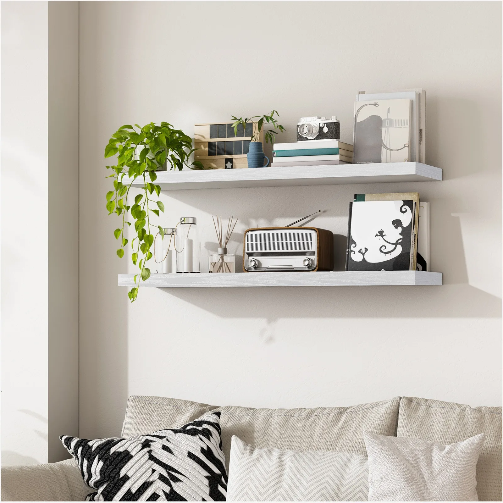 

Floating Wall Shelves Set – 2 Large Wooden Shelf Units with Hidden Brackets, Sleek White Design for Living Room, Bedroom, Kitche