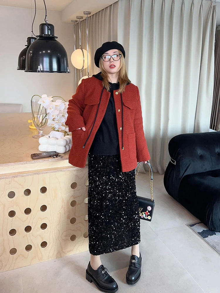 

Шерстяное пальто Vogana большого размера: праздничный стиль, хлопковая подкладка для тепла, в духе Old Money, корейская версия, кардиган с круглым вырезом