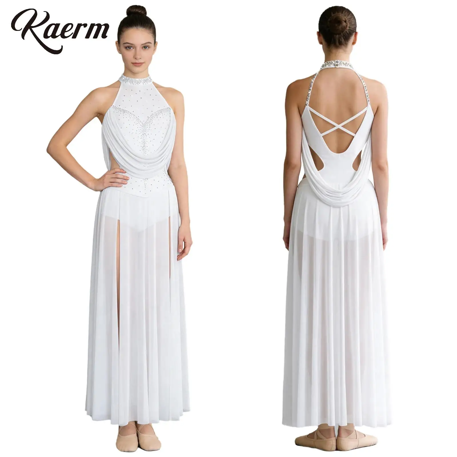 

Women Lyrical Latin Dance Costume Skating Gymnastic Ballet Leotard Halter Sleeveless Rhinestones Backless Split Mesh Maxi Dress