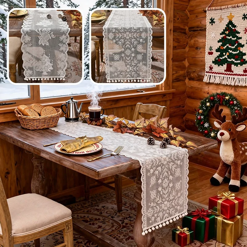 

Luxury White Lace Christmas Table Runner Embroidery Floral Design Vintage Table Cover for Wedding Party Xmas Dining Home Decor