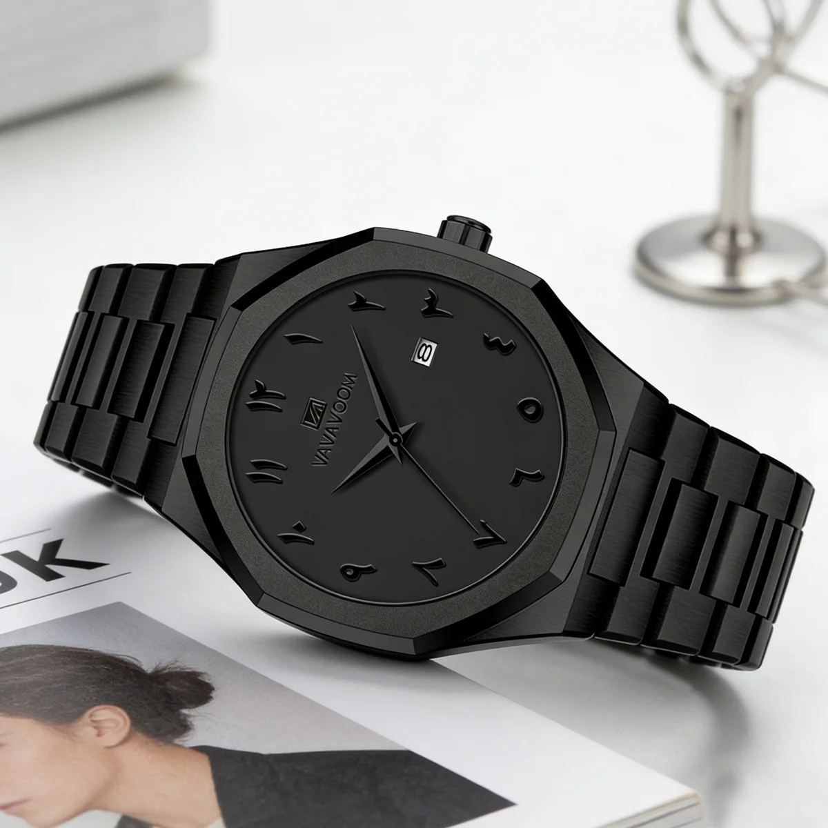 Men Watch Black Stainless Steel 42mm Arabic Numeral Quartz Movement Business Clock Suitable Casual Daily & Study Work Mens Watch