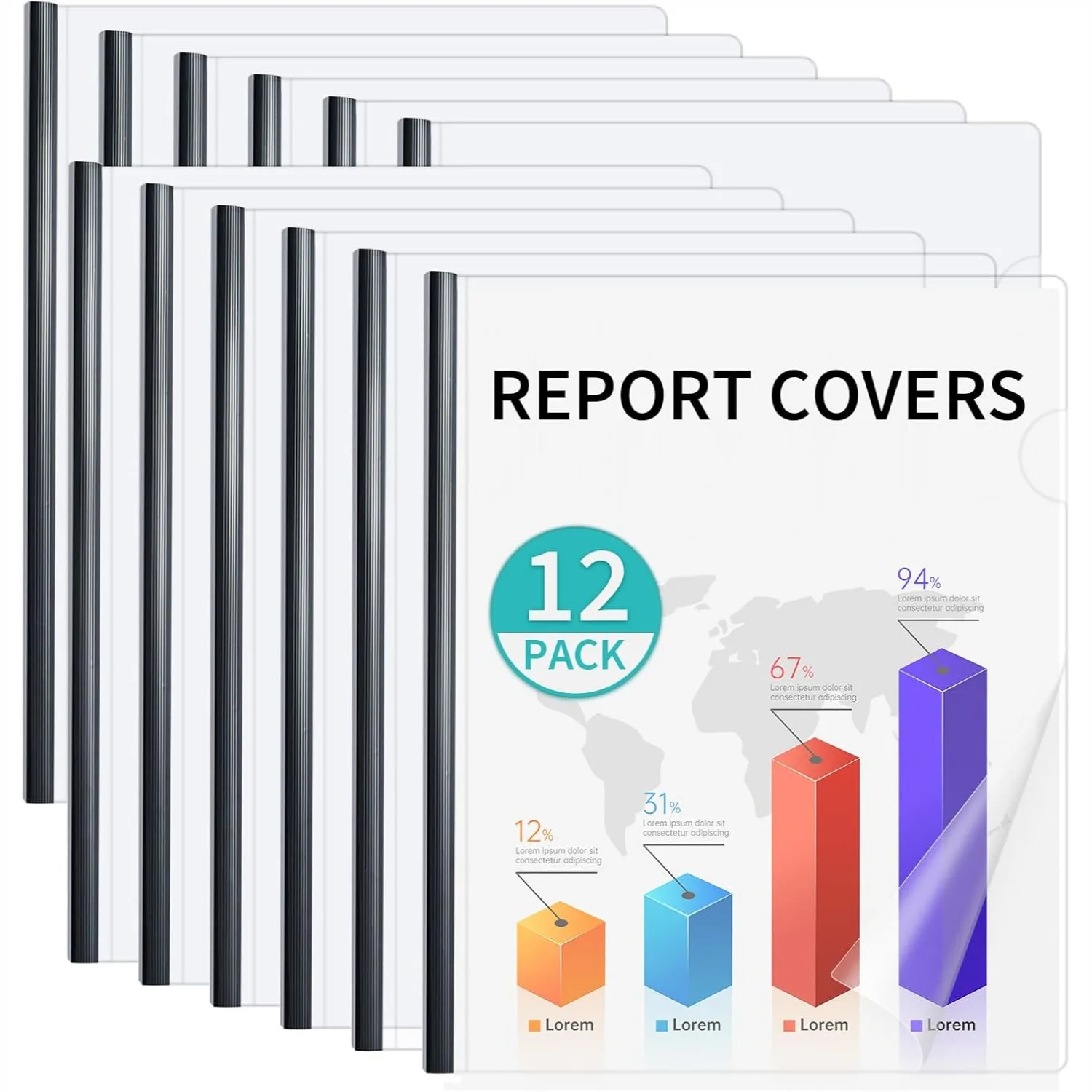 

12 Pack Clear Report Covers with Black Sliding Bars, 70 Sheet Capacity, Letter Size, for Students and Coworkers