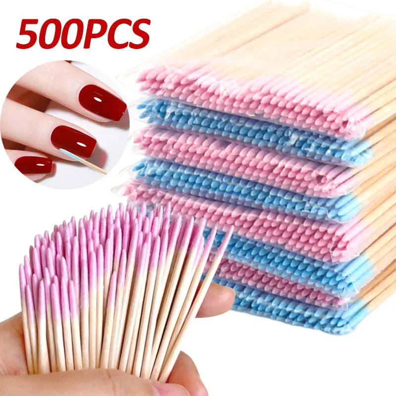 500-100pcs Pink Double Head Nail Art Cuticle Pusher Remover 7CM Orange Wood Sticks Cotton Swab Nail Polish Remover Clean Tool