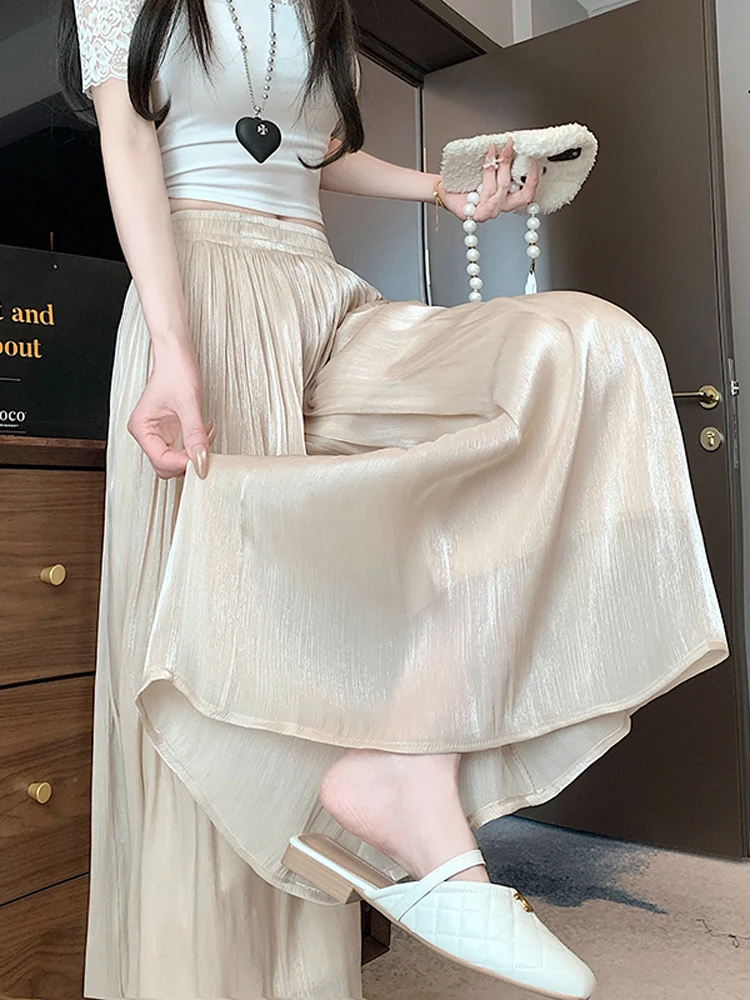 الحرير الجليد بنطال ذو قصة أرجل واسعة المرأة ربيع الخريف رقيقة عادية فضفاض ثنى الحماية من الشمس تسع نقاط تنورة السراويل تخفيف Sle