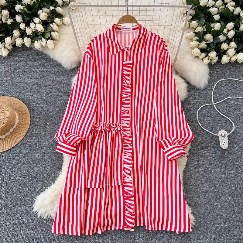 Neploe Niche Pleated Ruffle Edge Striped Dress Femme 2024 Autumn Korean Western-Style Age Reducing Casual Loose Shirt -Vestidos