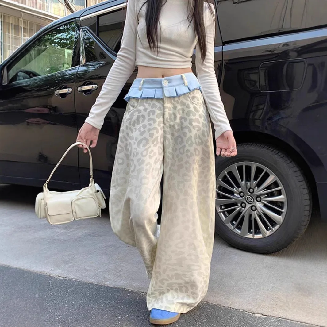 

Viya Retro leopard print casual pants women's spring and autumn new hot girls personality stitched skirt wide-leg mop pants