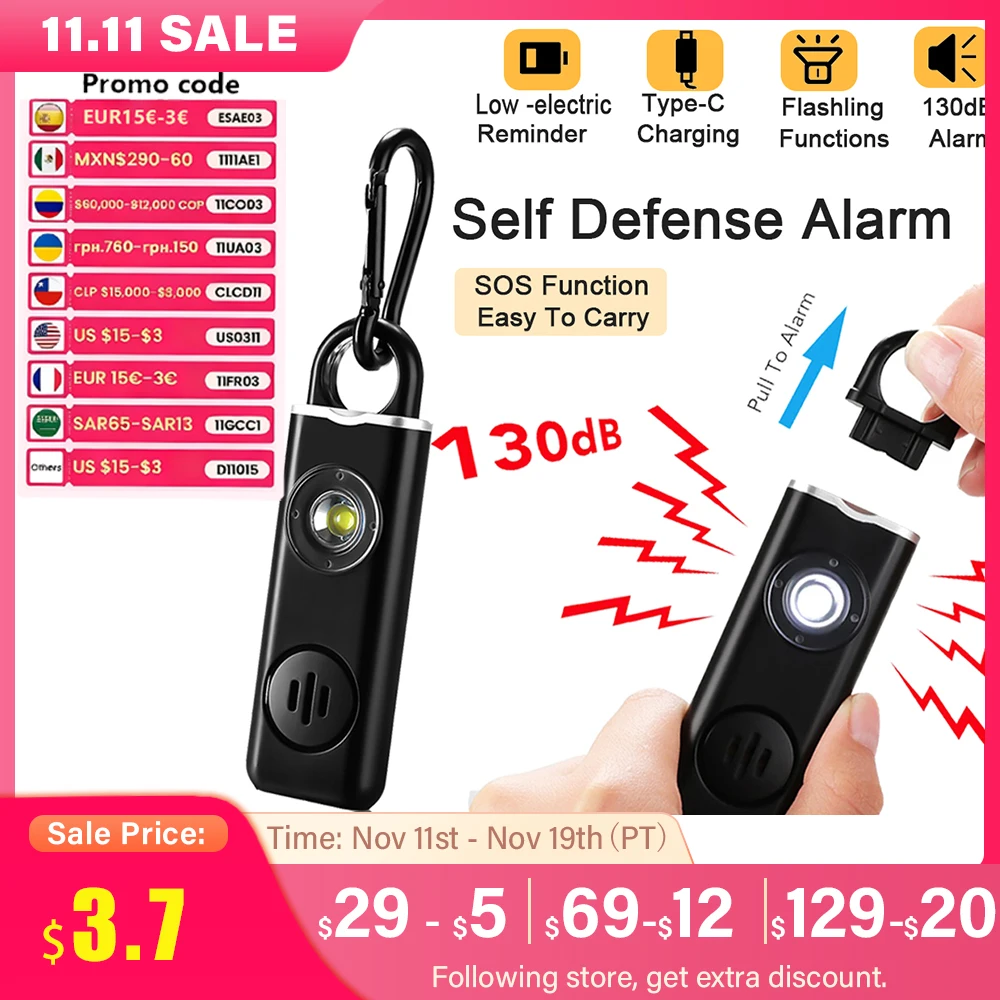 WSDCAM Self Defense Alarm 130dB Anti-wolf Personal alarm for Girl Child Women Loud Panic Alarm Rechargeable Emergency Alarm