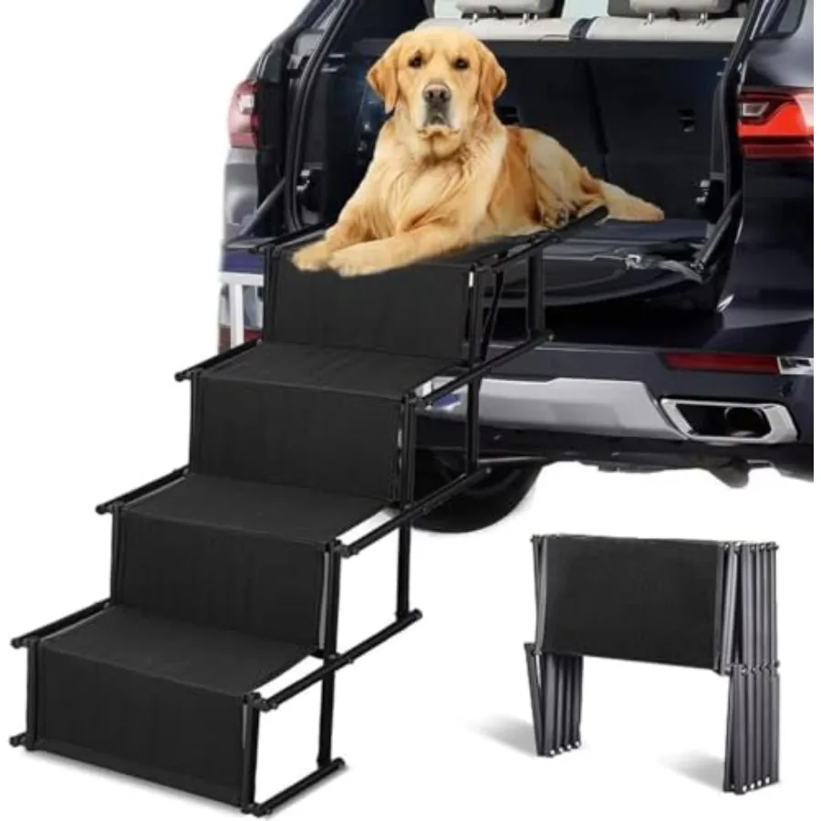 

Foldable Dog Ramp Car Stairs Aluminum Frame 4 Steps Portable Lightweight Nonslip Pet Stairs for Medium Large Dogs Cars Trucks S