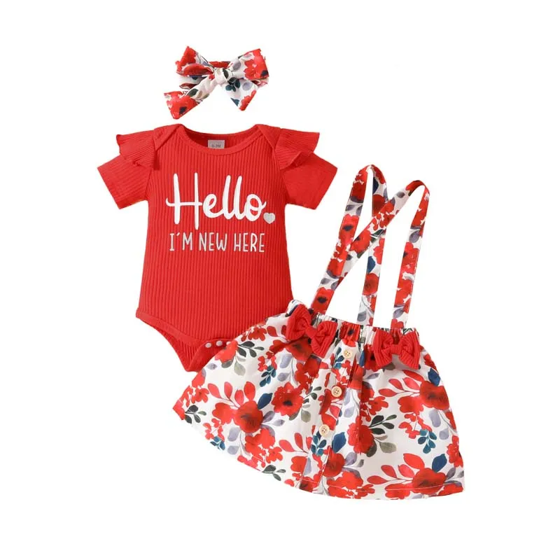 

0-18 Months Newborn Baby Girl Clothes Set Short Sleeve Jumpsuit Floral Suspender Skirts Hairband 3pcs Summer Toddler Girl Outfit